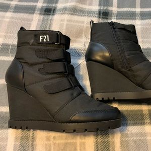 F21 velcro wedge booties